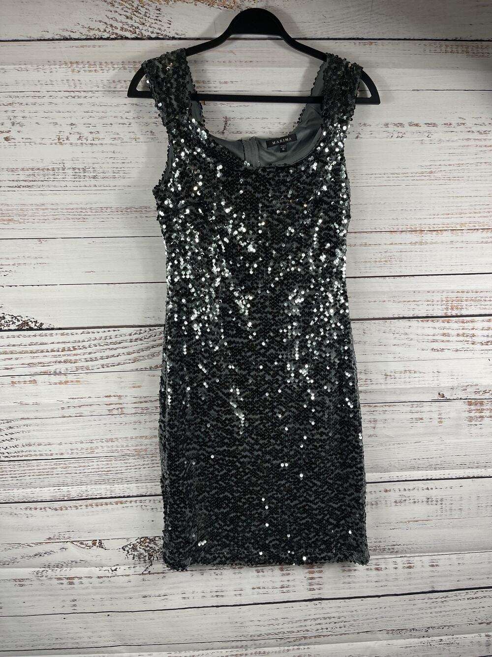 Marina Dress Women's 10 Silver Sequin Scoop Neck Sleeveless Bodycon Knee Length